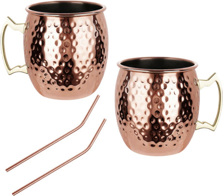 Kinghoff moscow mule bekerset – 2 koperen bekers 500 ml + 2 metalen rietjes – rvs binnenzijde – hammered design – ideaal voor cocktails iced drinks