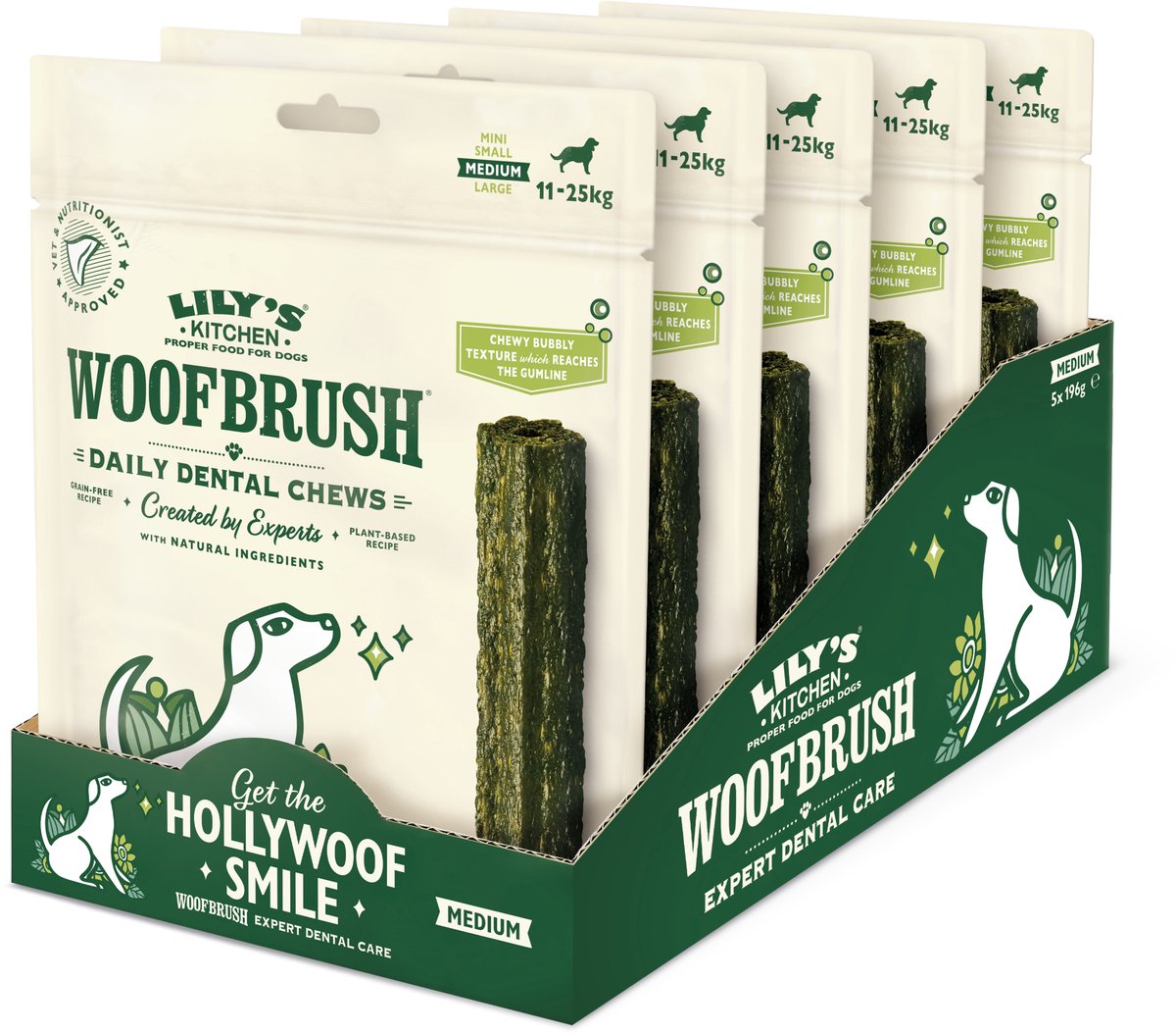 Lily's kitchen - hundesnacks - woofbrush naturlig dental tygge - medium 5 x 196 g