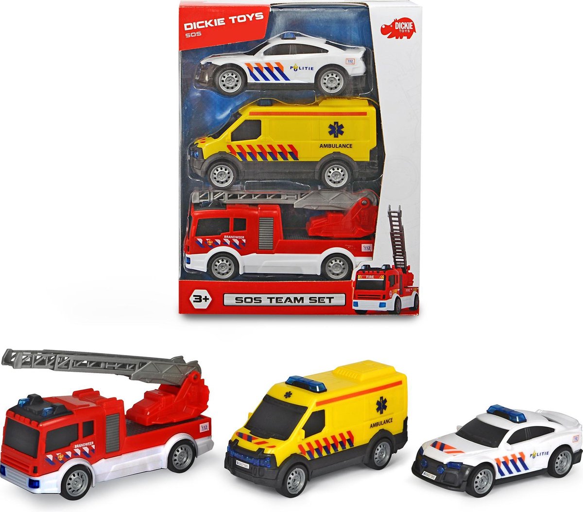 Dickie toys sos hold sæt hollandske redningstjenester - politi - brandvæsen - ambulance - fra 3 år - legetøjskøretøj