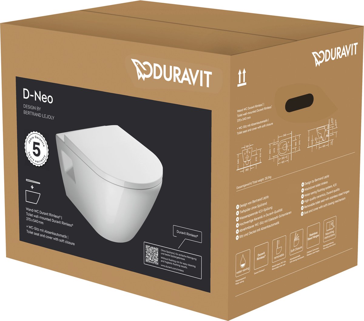 Duravit d-neo væg toiletpakke 37x54x40cm hvid glans