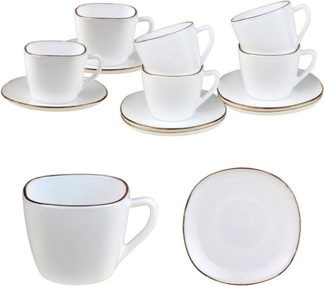 Kinghoff firkantet kop- og underkopsæt 12-delt - hvide opalglas kaffekopper med guldkant - 220 ml - moderne design - kaffesæt underkopsæt