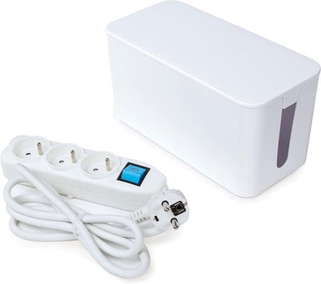 Perel strømskinne med afbryder og kabelboks, 3 stikdåser med benjord (type e), kabel 1,5 m, 3g1,5, hvid