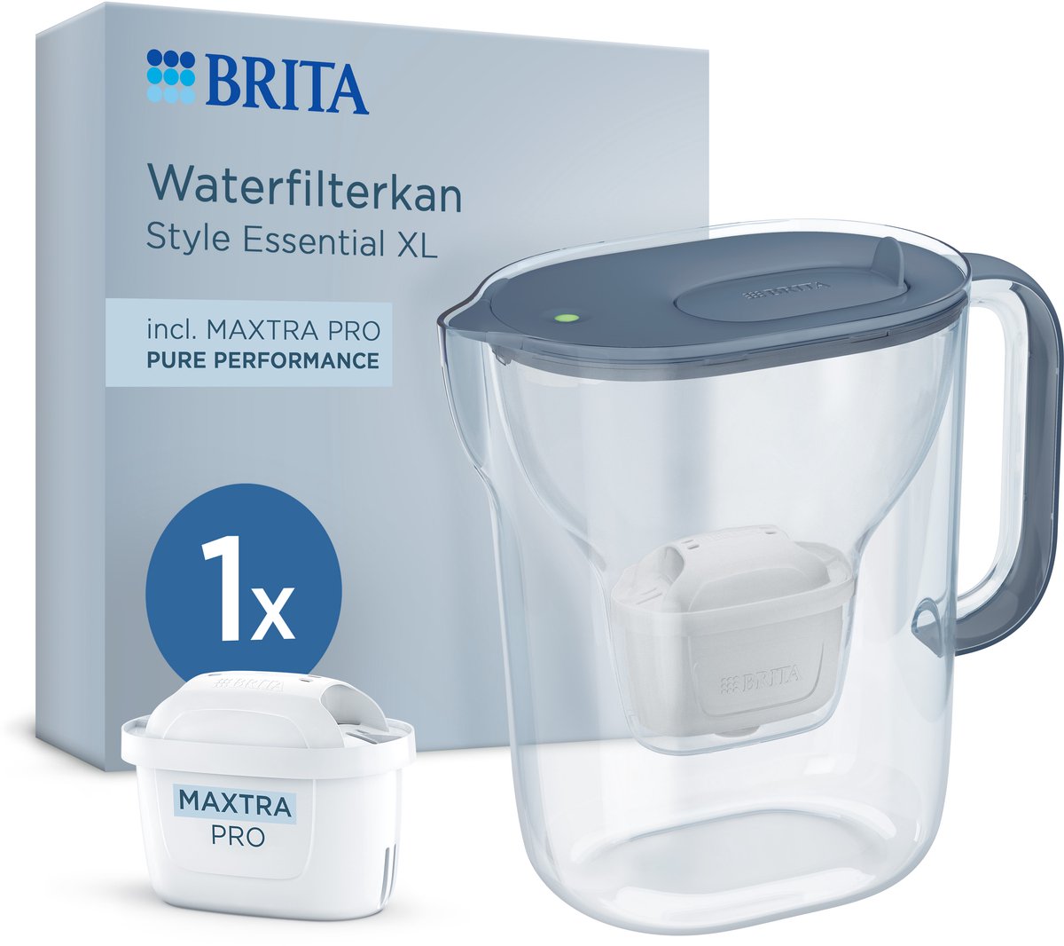 Brita vandfilterkande style essential xl - 3,6l - blå - inkl. 1x maxtra pro pure performance - stor filterkande med smart lys LED hængslet låg, filtrerer forurenende stoffer mere