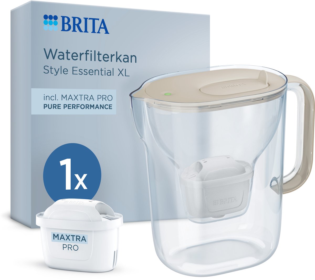 Brita vandfilterkande style essential xl - 3,6l - sand - inkl. 1x maxtra pro pure performance - stor filterkande med smart lys LED hængslet låg, filtrerer forurenende stoffer mere
