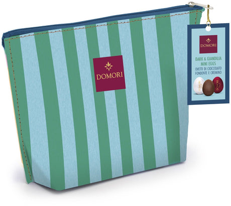 Domori - cabana kollektion luksus chokolade påskeæg - diverse mørke gianduia chokoladeæg - premium gavesæt - grøn og lyseblå pose - take-along emballage til på farten