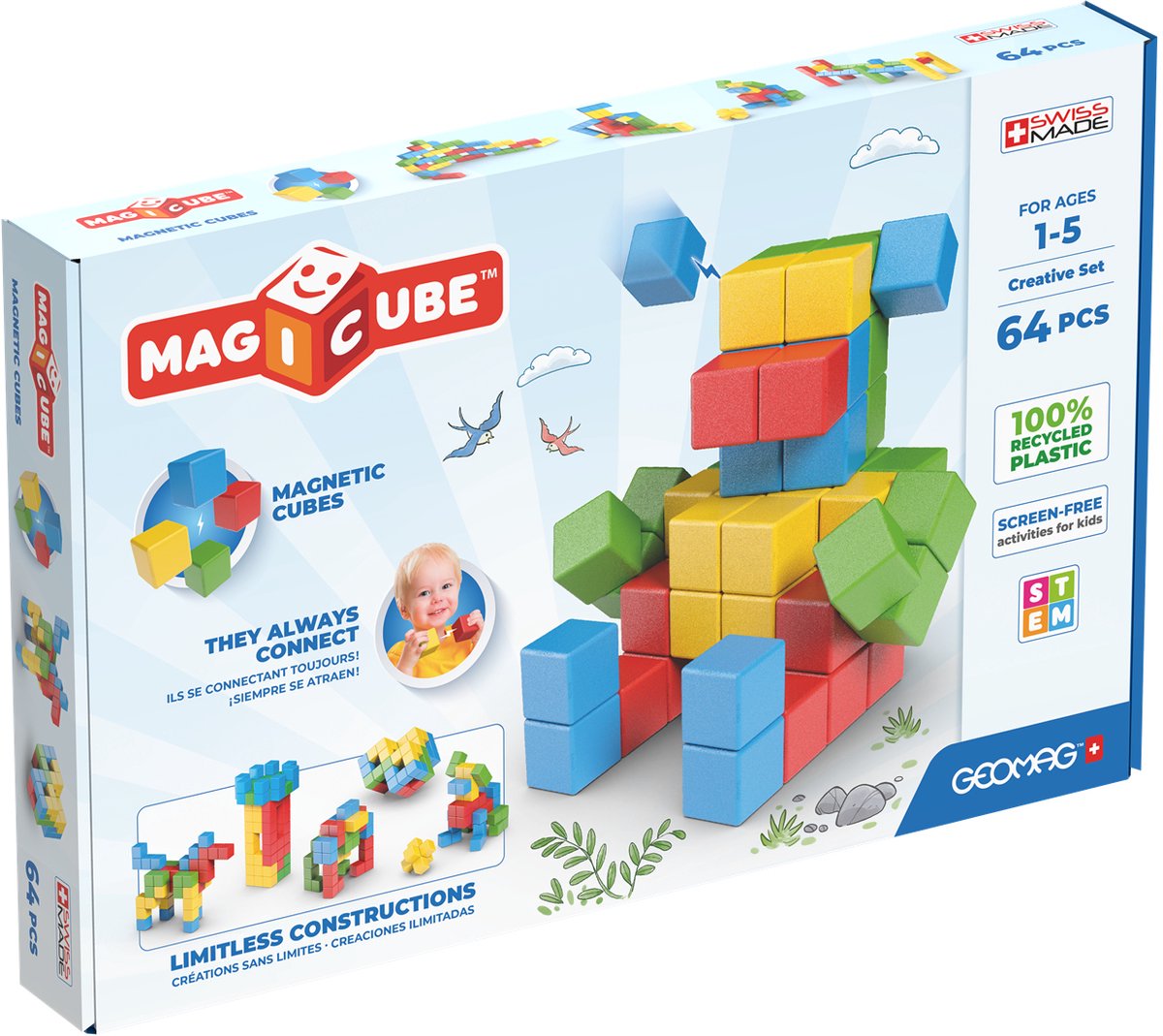 Geomag magicube kreativt sæt genbrugt - farverige magnetiske byggeklodser - 64 dele - fra 3 år