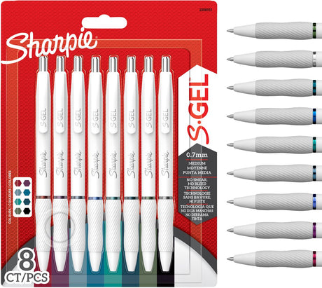 Sharpies gel | gelpenne til skrivning | medium punkt (0,7 mm) | forskellige blækfarver | hvidt perlehylster | 8 stk