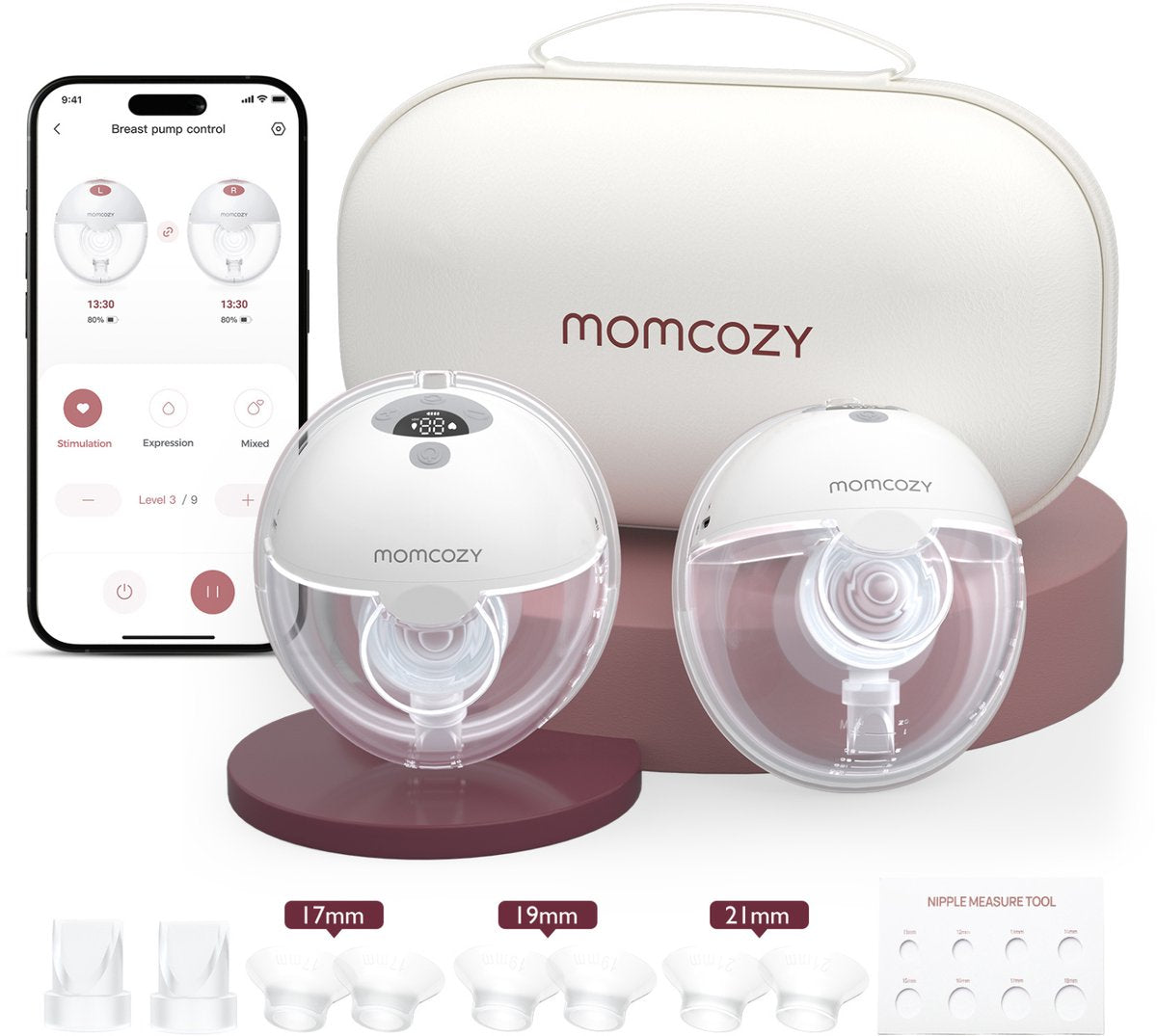 Momcozy m5 smart – håndfri brystpumpe – 2 dele – elektrisk – lydløs kompakt – med brystskjoldindsatser – hvid grå