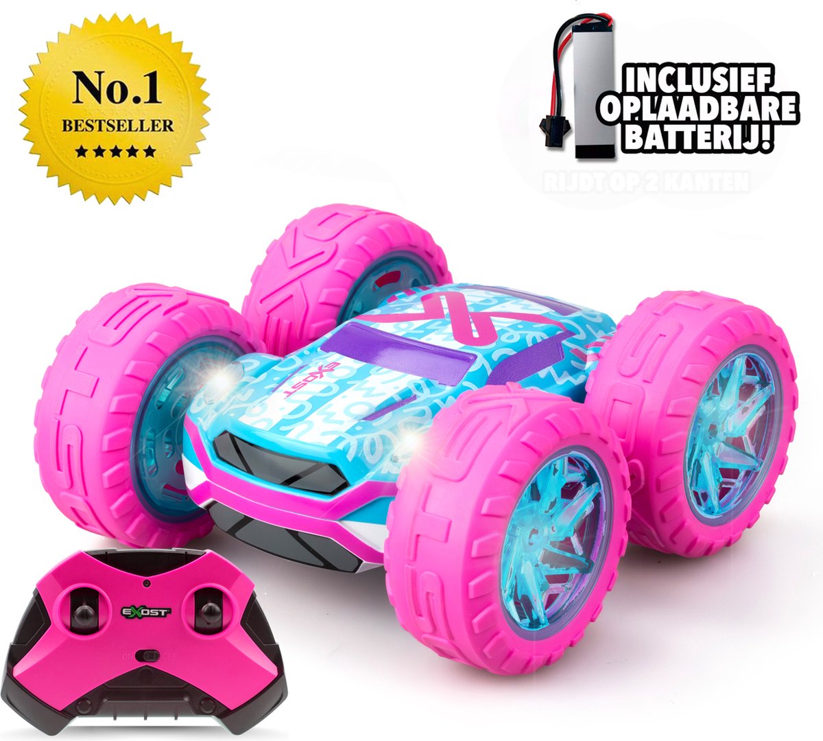 Exost rc 360 cross flash stunt bil pink 1:18 - blinkende hjul - inkl. genopladeligt batteri - rc bil