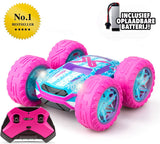 Exost rc 360 cross flash stunt bil pink 1:18 - blinkende hjul - inkl. genopladeligt batteri - rc bil