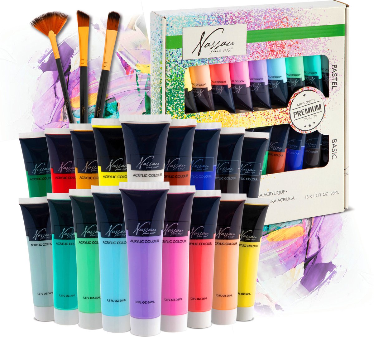 Nassau fine art hobbymaling akrylmaling sæt 18stk - 36ml maling tuber - akryl maling børn og voksne - 9 pastel 9 grundfarver - maling til børn håndværk - børns maling sæt