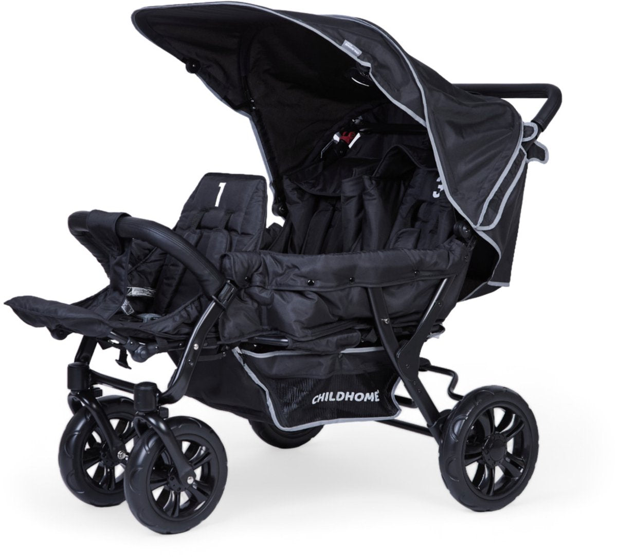 Childhome triplet klapvogn – 3 sæder – sort – inklusiv regnslag solhætter – 132x85x104 cm