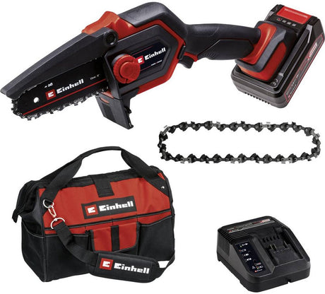 Einhell batteri mini motorsav ge-ps 18 15 li bag kit - power x-change - 18 v li-ion - børsteløs motor - klingelængde: 20 cm - max. skærelængde: 14 cm - kædehastighed: 4,8 m s - inkl. 1x 2,5 ah batteri, oplader og taske