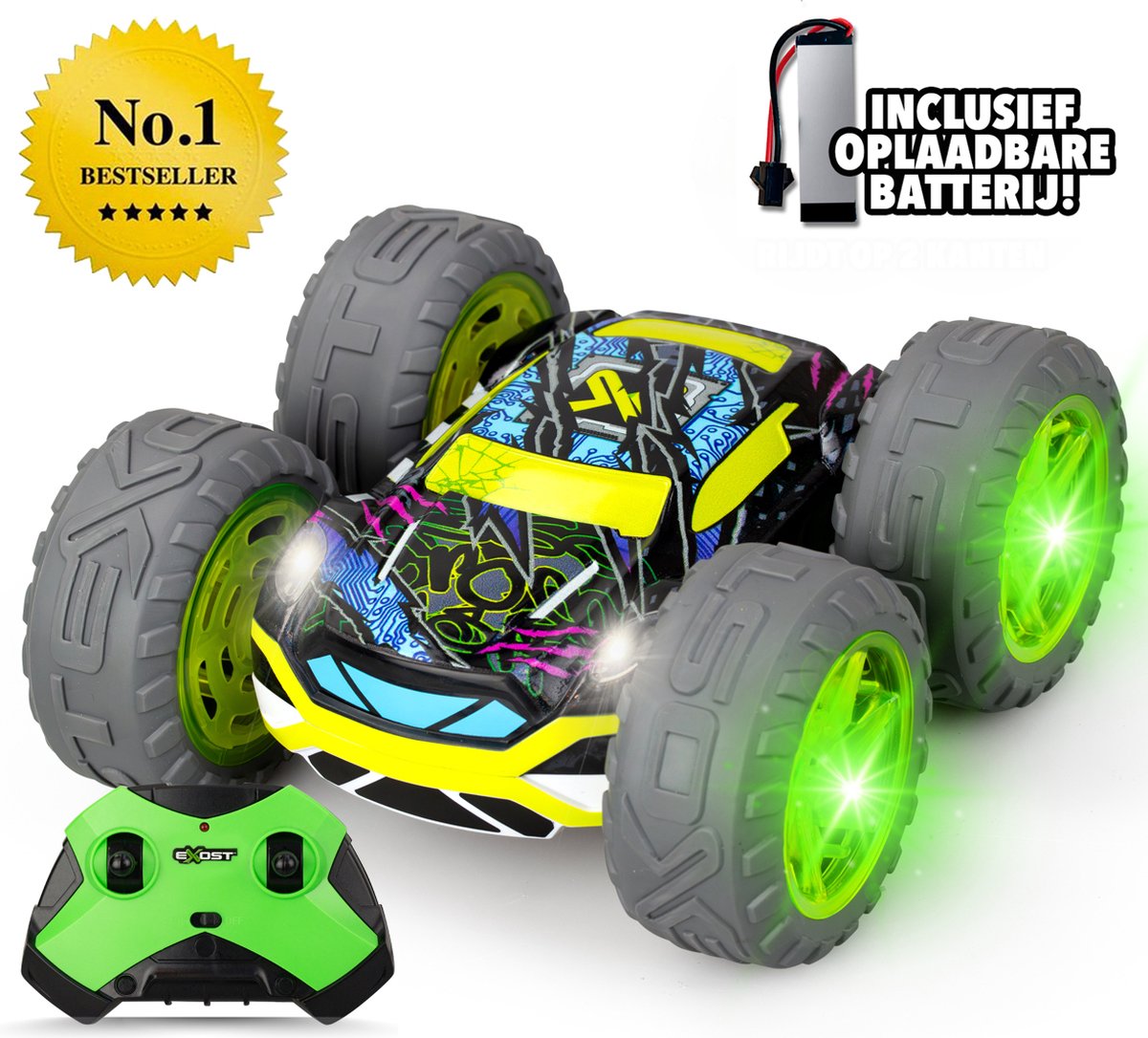 Exost rc 360 cross flash stuntbil grøn 1:18 - blinkende hjul - inkl. genopladeligt batteri - rc bil