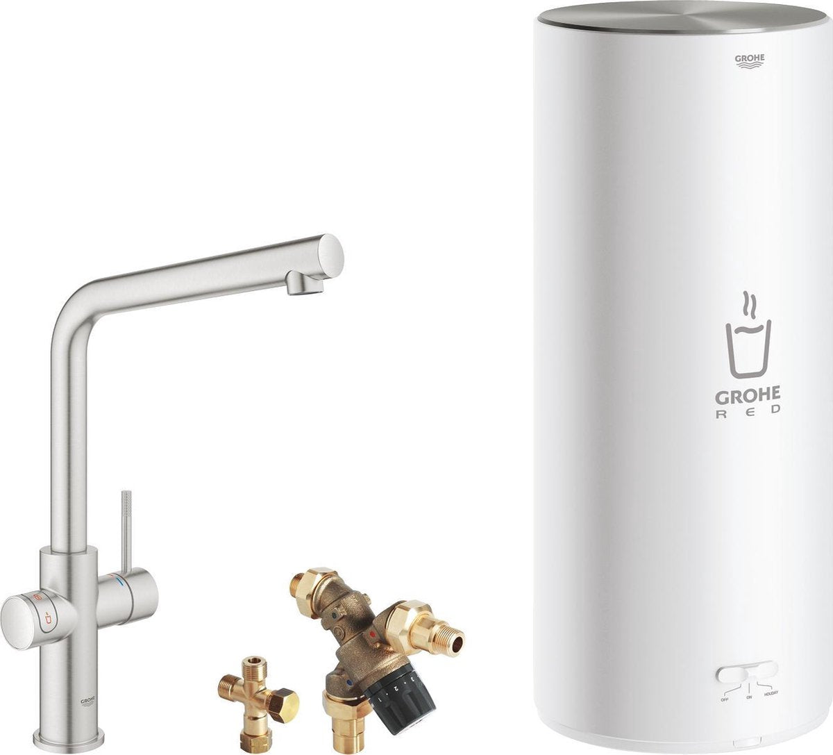 Grohe rød 3i1 kogende vandhane - l tud - 7l kedel - blandeventil - rustfrit stål (superstål)