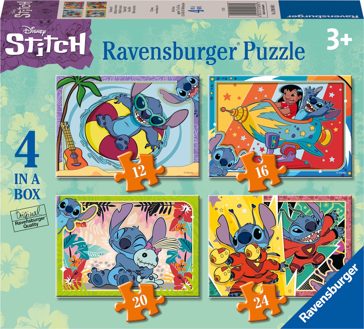 Ravensburger disney stitch 4in1box puslespil - 12+16+20+24 brikker - børnepuslespil