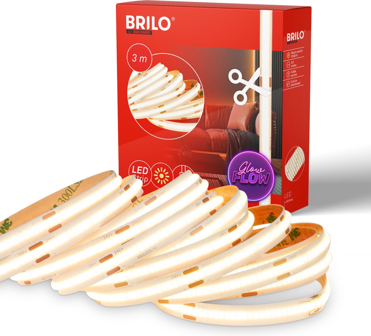 Briloner cob - LED strip 3 meter - varmt hvidt lys - selvklæbende - kan afkortes - hvid