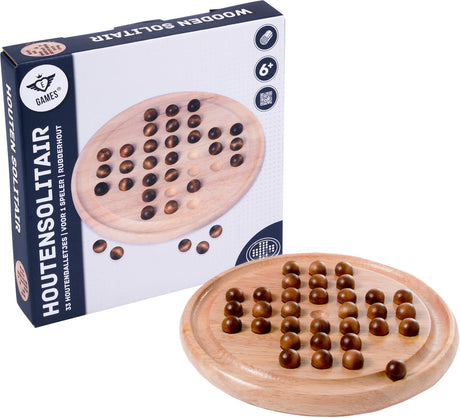 Engelhart solitaire træspil – gummitræ med 33 trækugler – diameter 23 cm – klassisk strategisk brætspil –