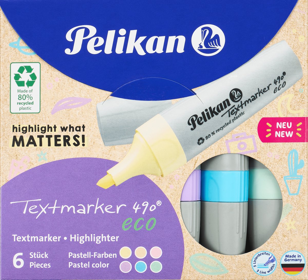 Pelikan teksttusch 490 - øko pastel - assorteret - 6 stk