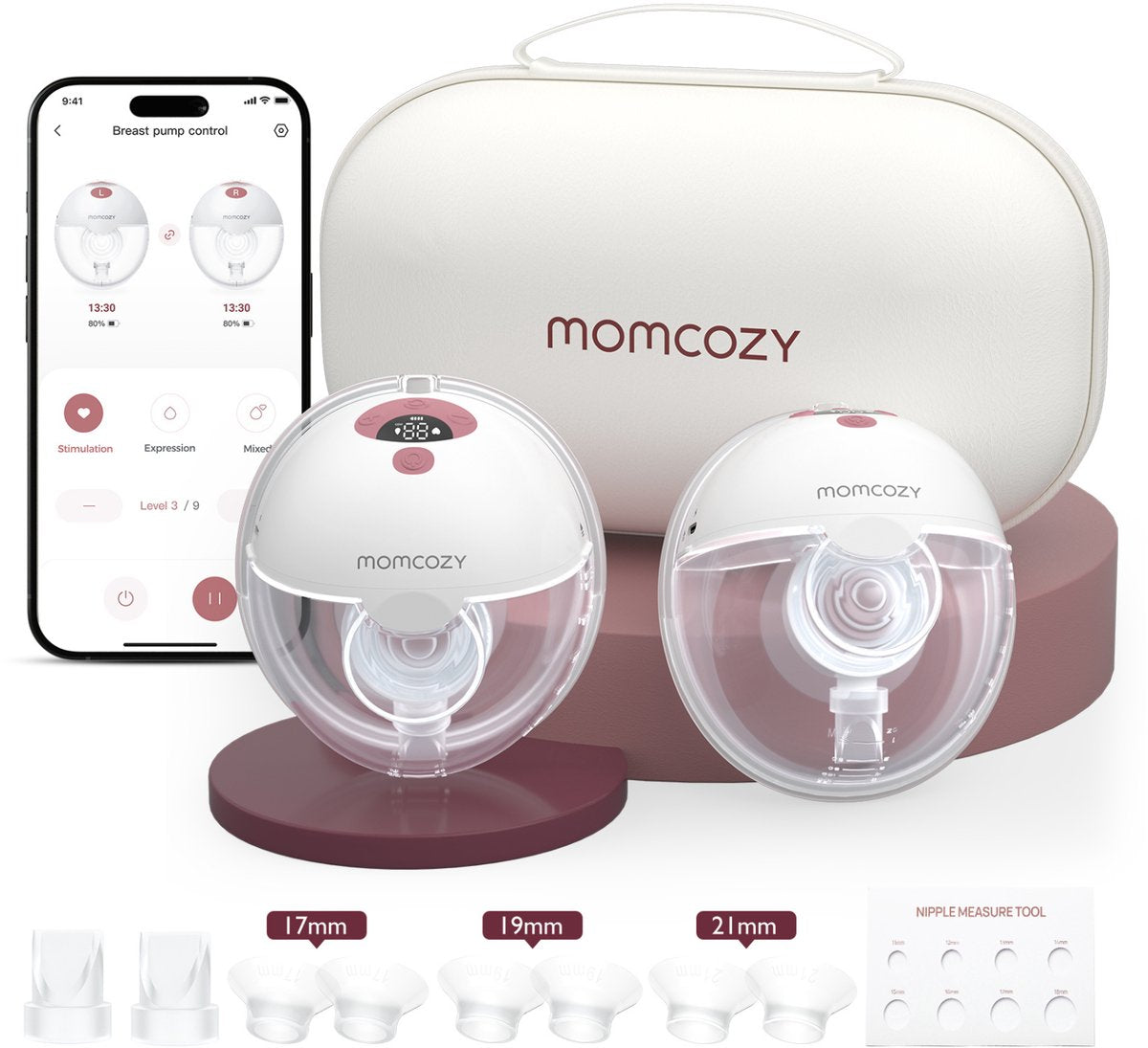 Momcozy m5 smart – håndfri brystpumpe – 2 dele – elektrisk – lydløs kompakt – med brystskjoldindsatser – hvid rød