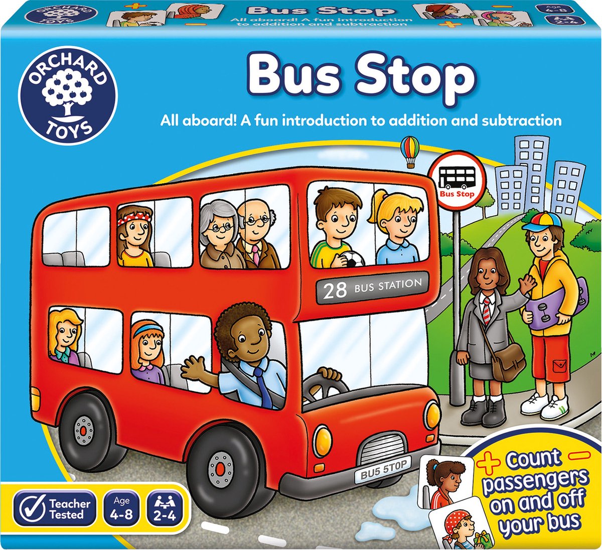 Frugtlegetøj - busstoppested - matematikspil med bus - lad passagerer stige af og på - addition og subtraktion summer - fra 4 år