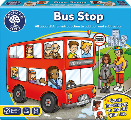 Frugtlegetøj - busstoppested - matematikspil med bus - lad passagerer stige af og på - addition og subtraktion summer - fra 4 år