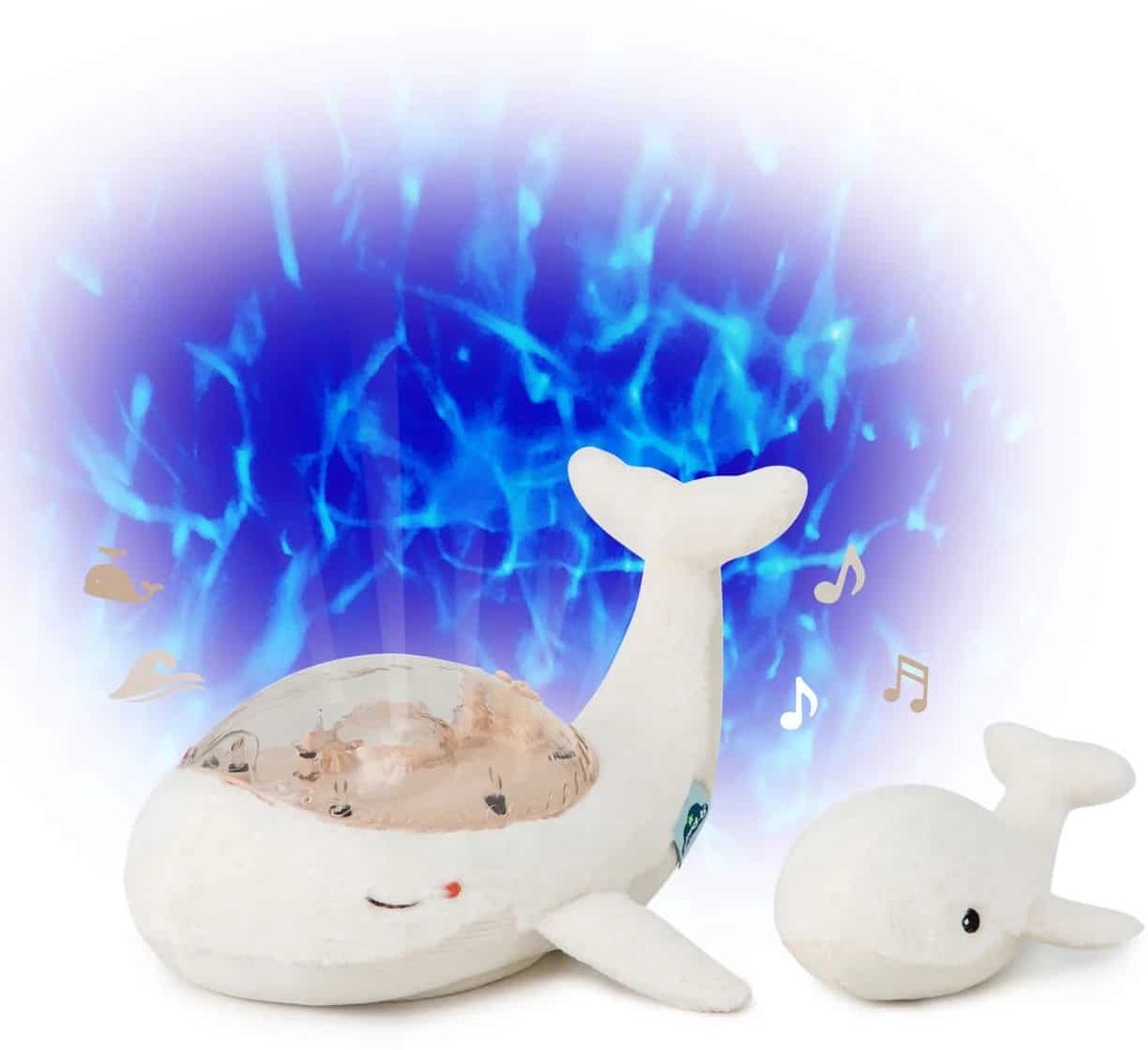 Cloud b rolig hval hvid familie musikalsk babyprojektor med 3x AA batterier og baby hval