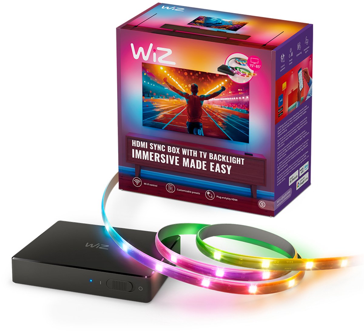 Wiz hdmi sync box met tv verlichting - entertainment starterkit - inclusief rgbic led strip voor 75-85 inch tv's - synchroniseer je verlichting met films, games en muziek - hdmi 2.0 - 4k ondersteuning bij 60hz