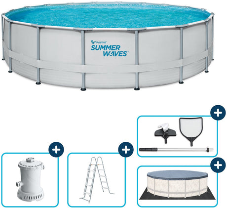 Sommerbølger rammer pool rund - ⌀549 x 132 cm - svømmebassiner - inklusive filterpumpe - poolpumpe - filterpatron - låg - jordklud - stige - vedligeholdelsessæt