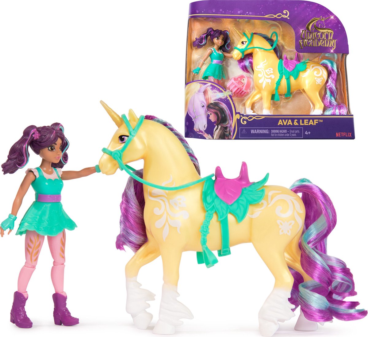 Unicorn academy dukke ava enhjørning blad - med 2 ridetilbehør og børste - 12,7 cm - legefigur sæt