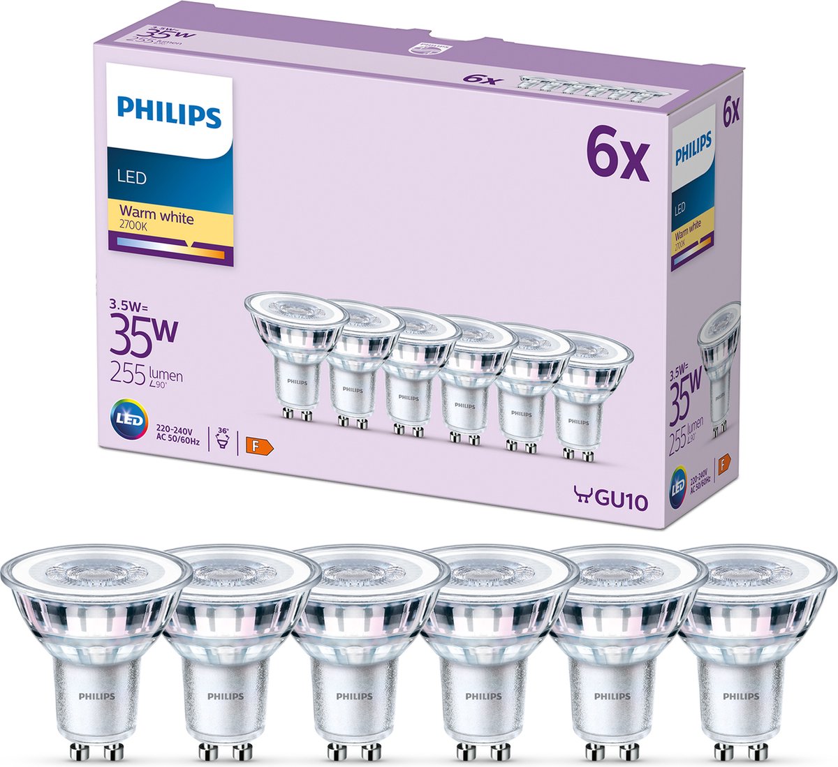 Philips led spot - 35 w - gu10 - warmwit licht - 6 stuks
