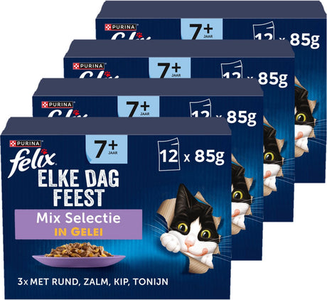 Felix hver dag fest 7+ senior mix udvalg - våd kattefoder - laks tun kylling oksekød - 48 x 85 g