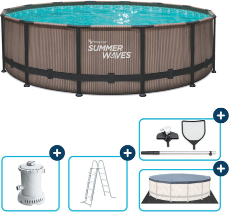 Sommerbølger rammer pool rund - ⌀427 x 107 cm - svømmebassiner - inklusive filterpumpe - poolpumpe - filterpatron - stige - dæksel - jordklud - vedligeholdelsessæt