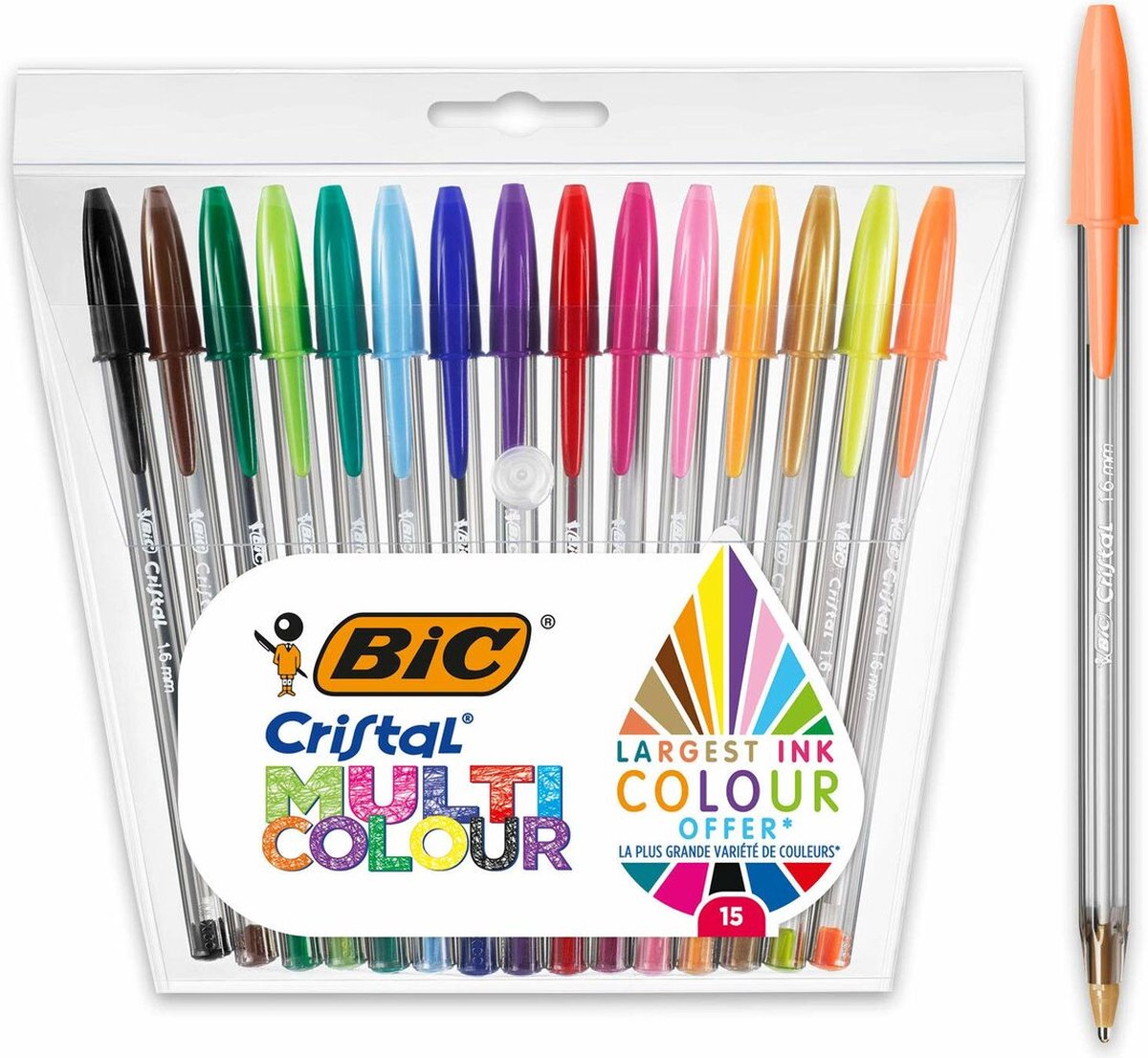 Bic cristal flerfarvede kuglepenne bred spids (1,6 mm) - forskellige farver - pakke med 15 stk.