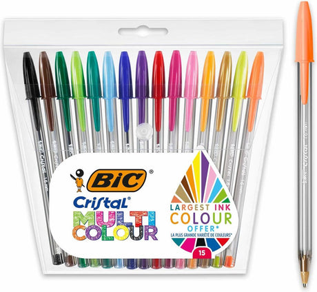 Bic cristal flerfarvede kuglepenne bred spids (1,6 mm) - forskellige farver - pakke med 15 stk.