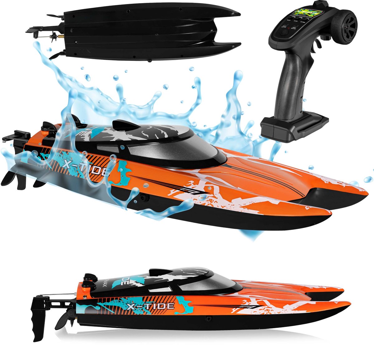Overmax x-tide – rc-båd – 25 km t – 2x batteri 34 min spilletid – motorbåd – speedbåd – vandkøling – automatisk rotation – smart vandstart – alarmsystem – trimhastighedskontrol – demotilstand – 100m rækkevidde – katamarandesign