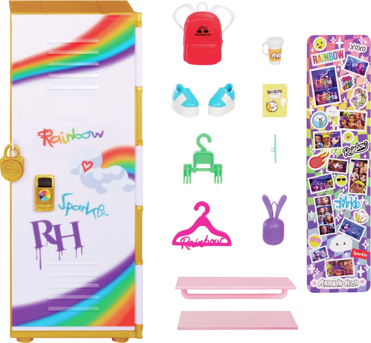 Rainbow high design stil - skabslegesæt med hylder, bøjler, tilbehør og klistermærker
