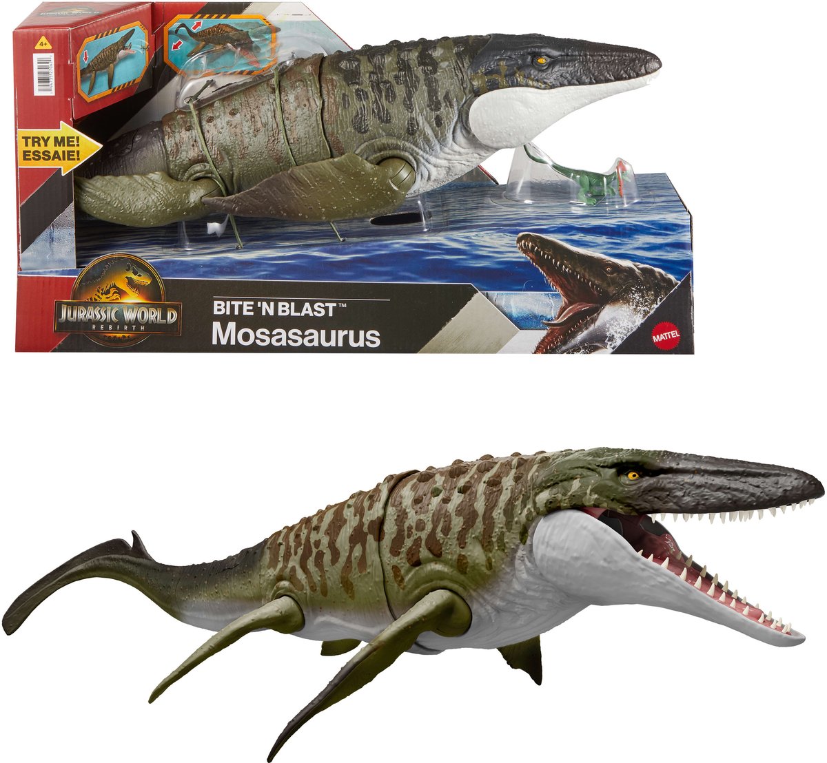 Mattel Jurassic World Genfødsel Bitende og eksplosiv Mosasaurus, Action Figur og Mini Dilophosaurus, Dinosaur Legetøj med vidt åbne kæber, Justerbar, ligner filmen