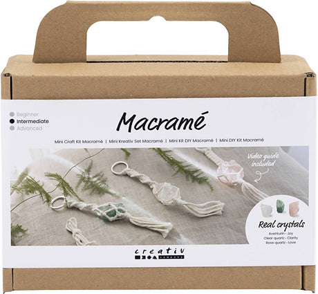 Creativ company mini hobbysæt macramé, nøgleringe, mat gennemsigtig, støvet grøn, blød pink, lys naturlig, 1 æske