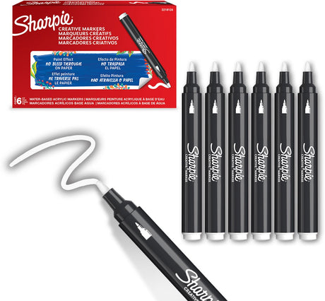Sharpie kreative tusch akrylmaling tuscher | runde punkt | vandbaserede malingstusser | blækket bløder ikke og passer til de fleste overflader | hvid | 6 stk