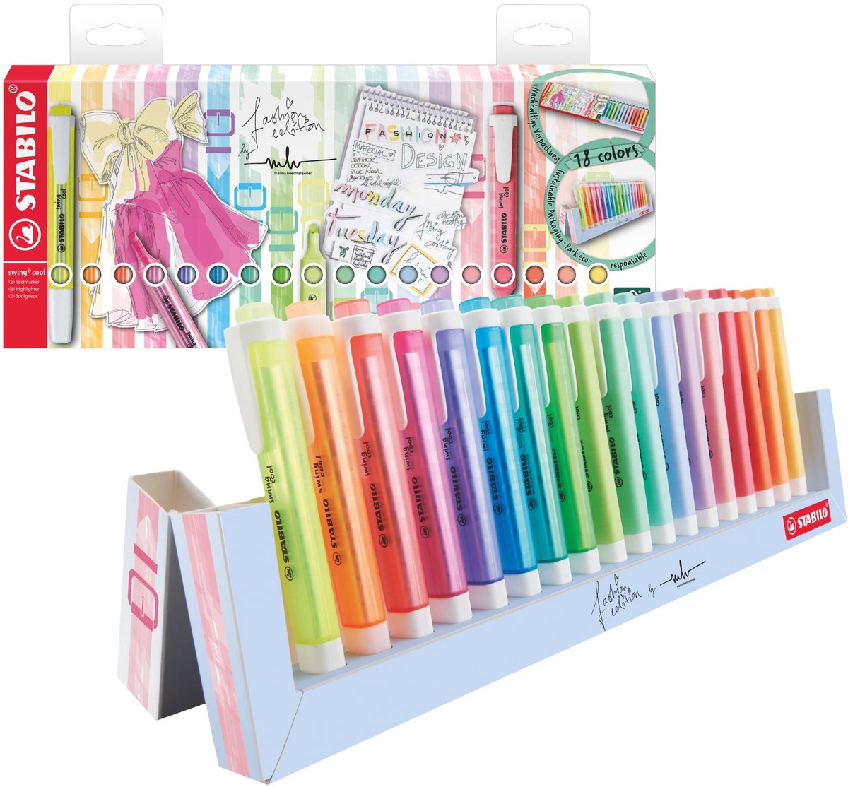 Stabilo swing cool - highlighter - perfekt til på farten - standard pastel - skrivebordssæt med 18 farver