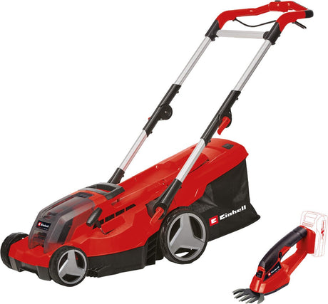 Einhell batteri plæneklipper ge-cm 36 37 li + batteri græssaks ge-cg 18 1 li - power x-change 36 18 v li-ion - klippebredde: 37 cm 10 cm - inkl. 2x 3,0 ah batteri og 2x opladere
