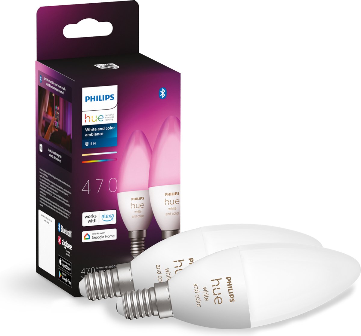 Philips Hue stearinlyslampe lyskilde E14 duopack - hvidt og farvet lys - 5,2W - Bluetooth - 2 stk.
