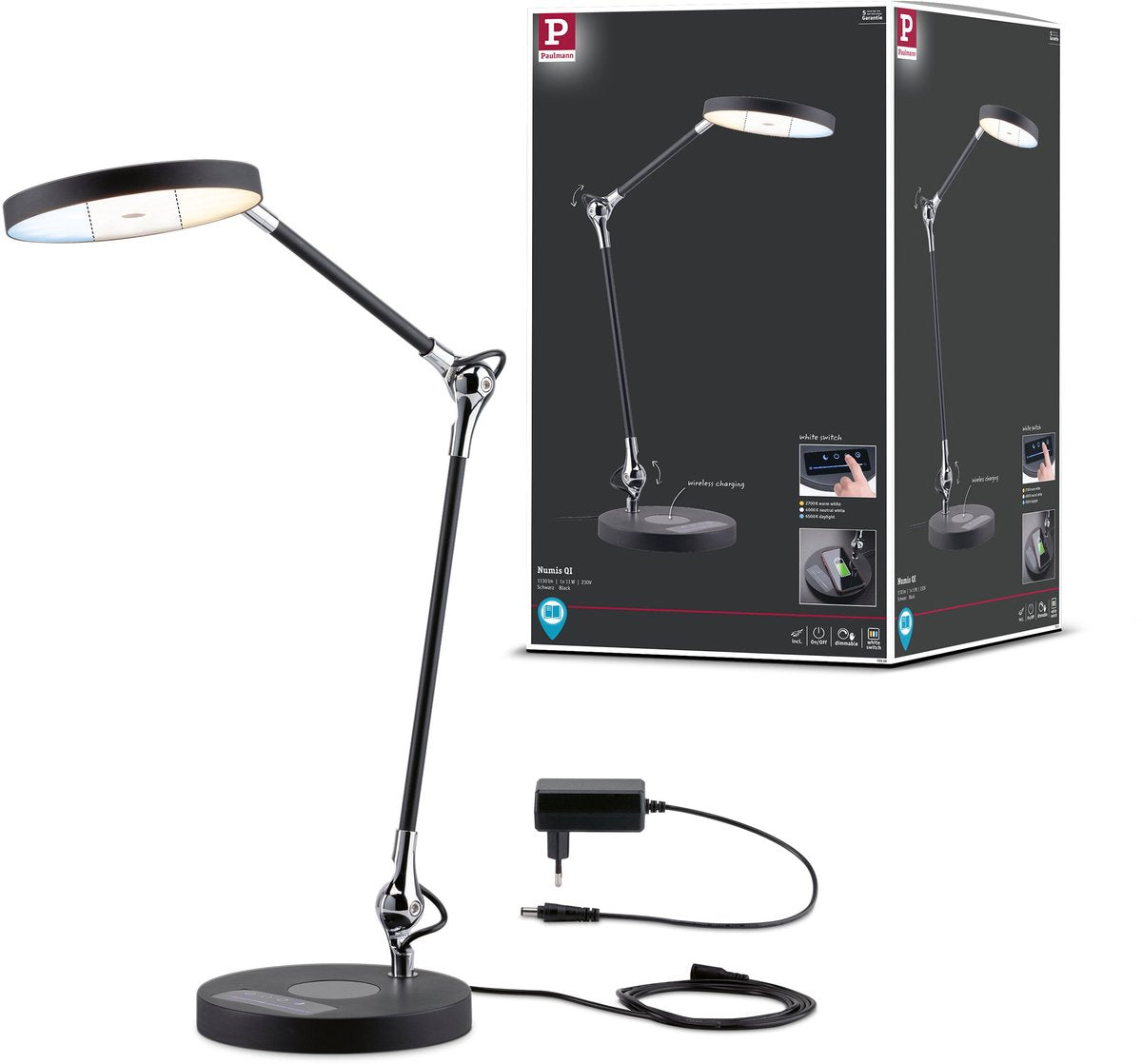 Paulmann LED skrivebordslampe numis qi hvid afbryder 1000lm 11w sort