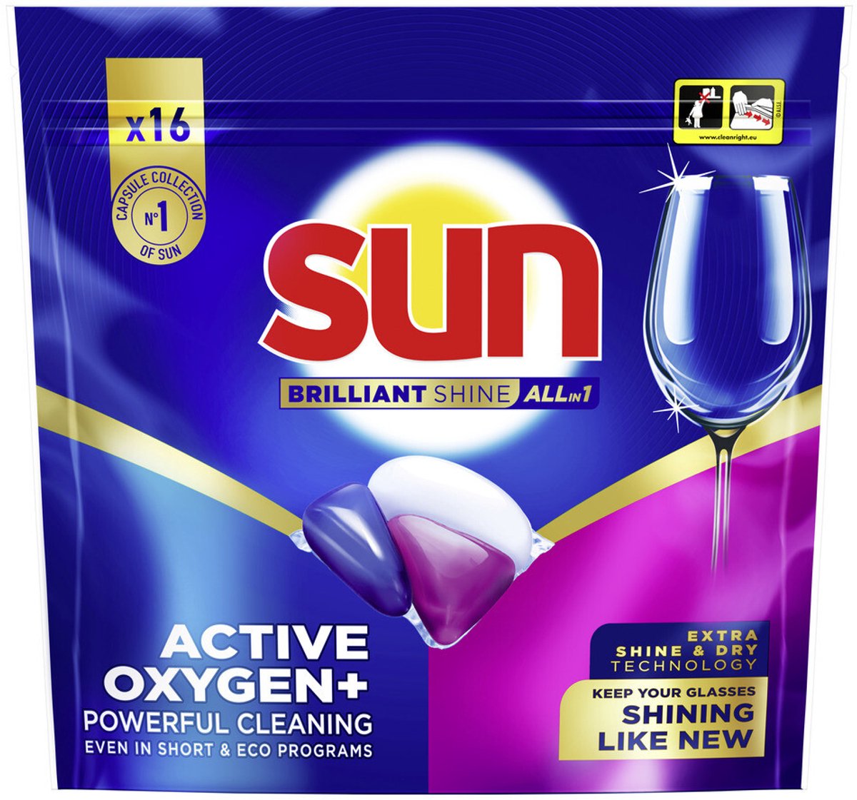 Sun - vaatwascapsules - brilliant shine - all-in 1 - een capsule met active oxygen+ - 16 vaatwastabletten