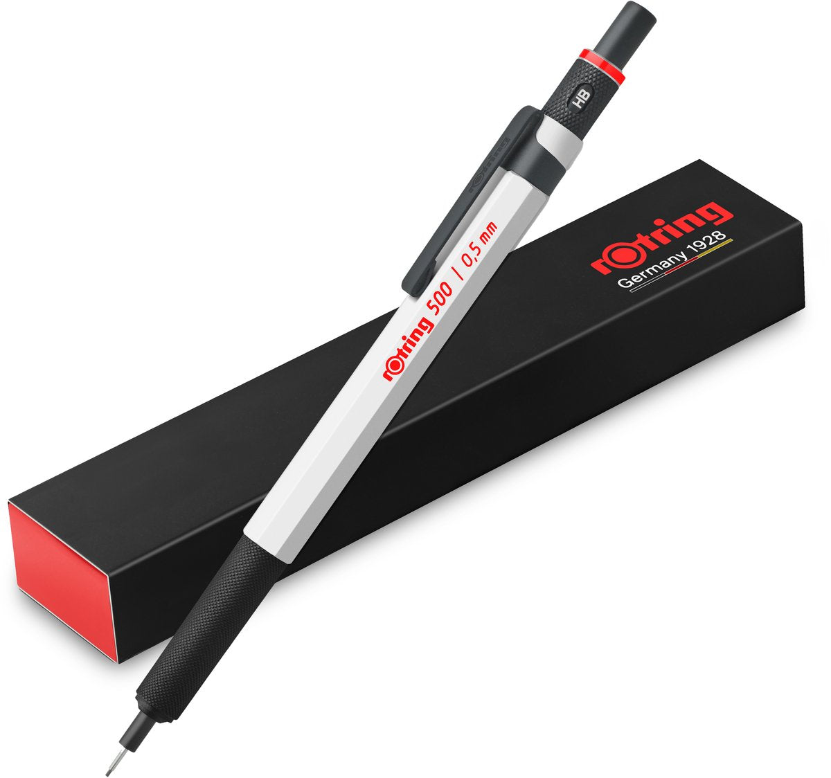 Rotring 500 mekanisk blyant | 0,5 mm grafit hb bly | | hvidt sekskantet plasthylster og metalgreb med skridsikker struktur