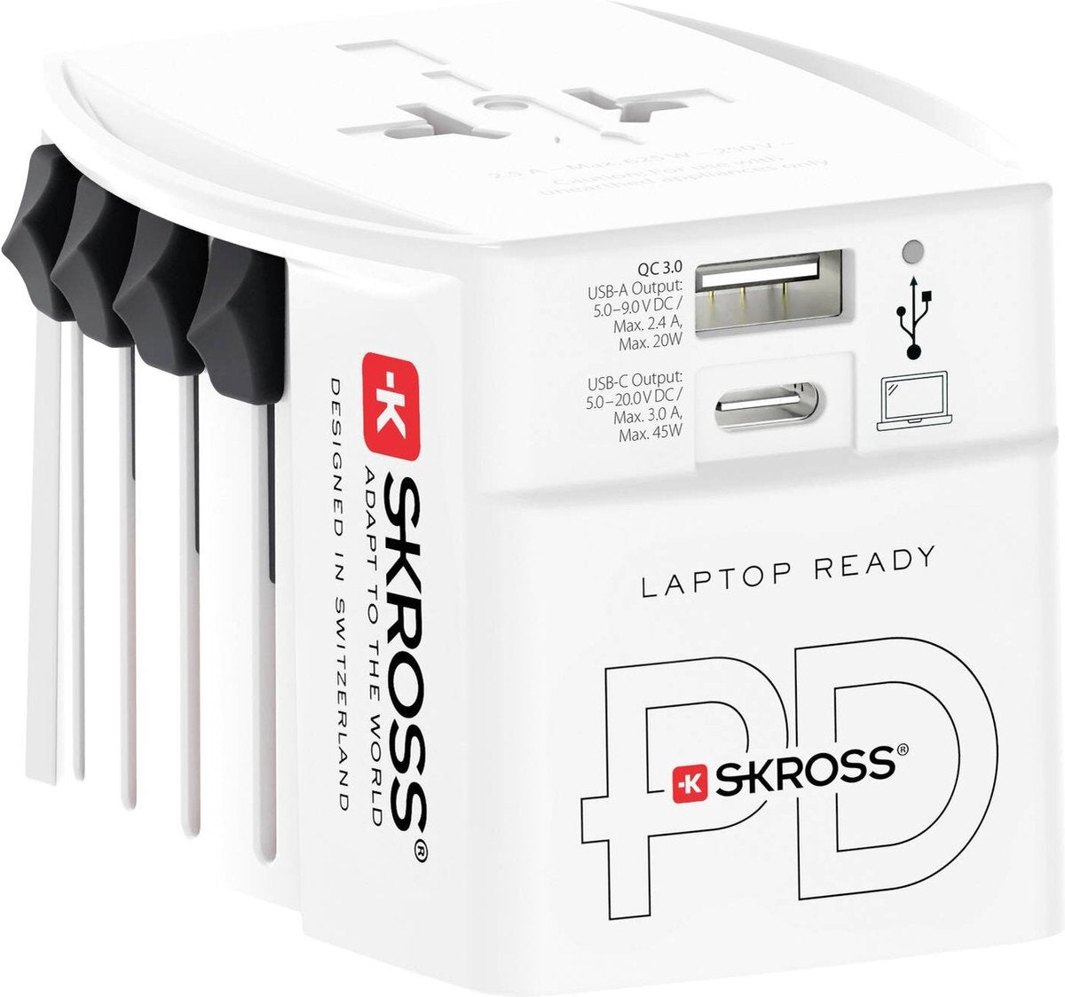 Skross - verdensrejseadapter undtagen pro 2-pin + 1 USB hurtigoplader + 1 type c 2500 ma hvid