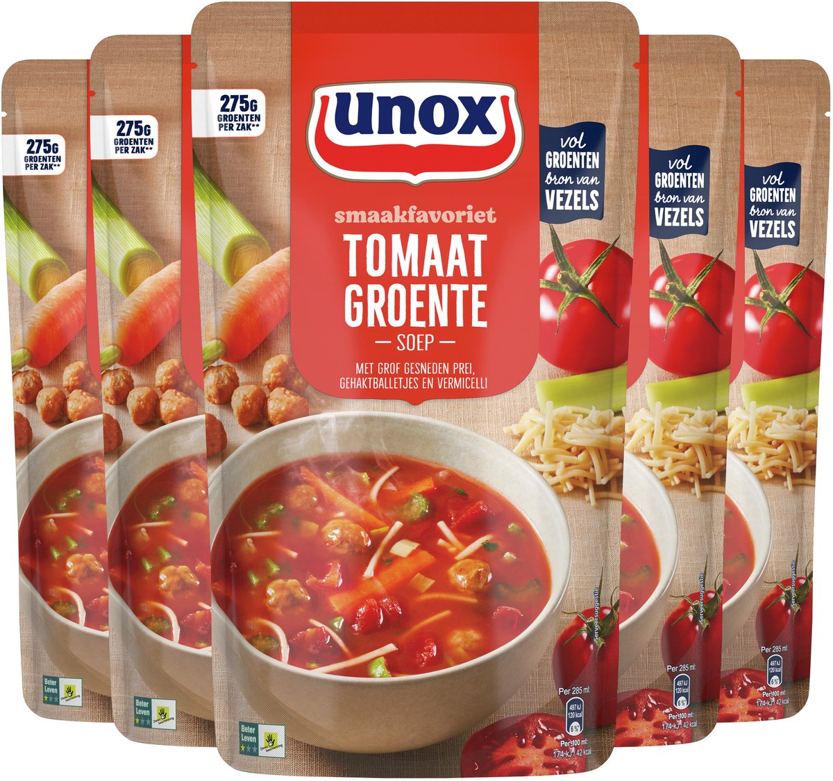 Unox smagsfavorit suppe i pose - tomatgrøntsag - en fyldt suppe med lækre grøntsager og frikadeller - 5 x 570 ml