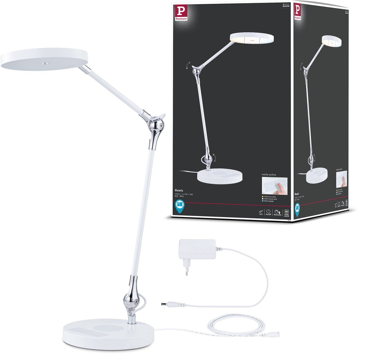 Paulmann LED skrivebordslampe numis hvid afbryder 1000lm 11w hvid