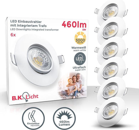 B.K. lys - sæt med 6 LED-indbygningsspots - til indendørs - spots - vipbar - ip23 - ø9cm - 3.000k - 460 lm - 5w